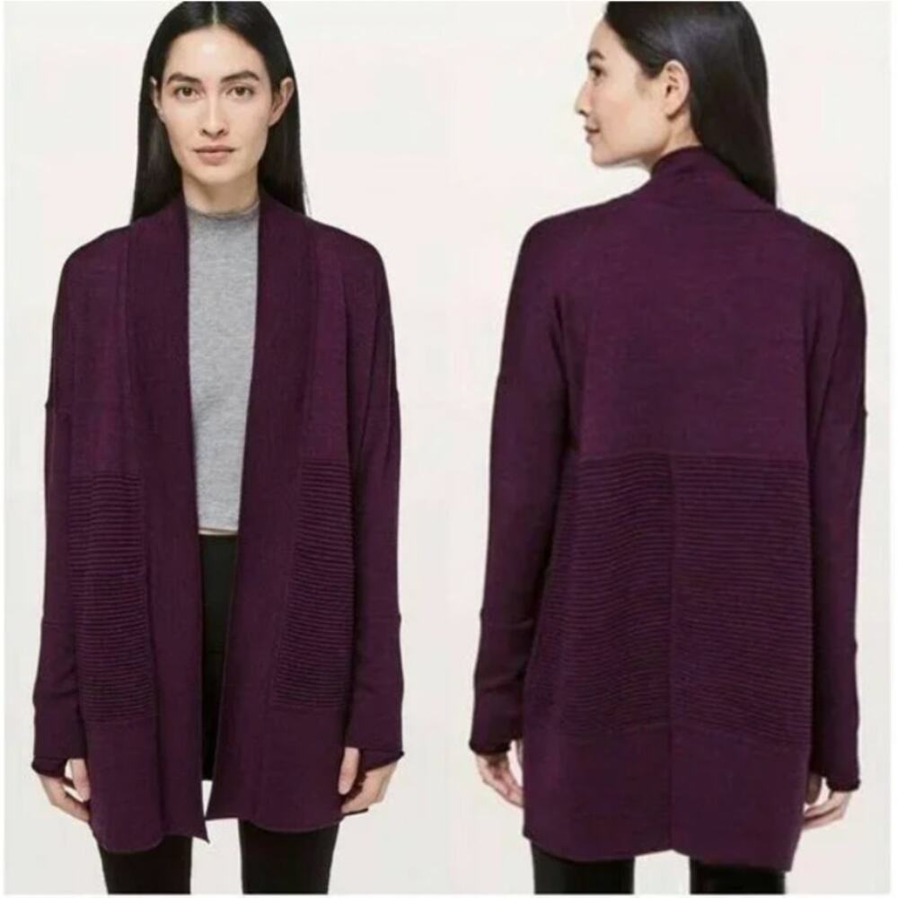 Lululemon Sit in Lotus Heathered Plum Cardigan Wrap Sweater Burgundy Wool 4